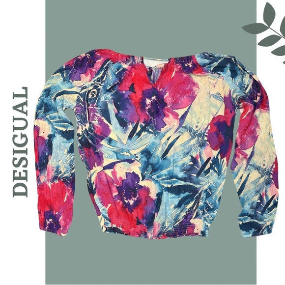 Desigual Zazil Blouse Pink Blue Oversize Floral Top Balloon Sleeve Tassel Medium - Picture 4 of 9